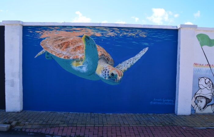 A green sea turtle painted swimming across a deep blue wall in San Nicolas, Aruba, 2024.